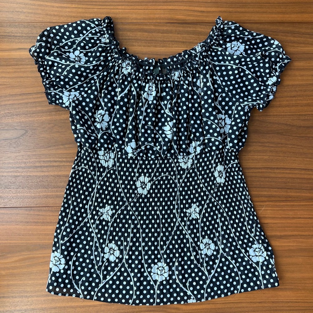 Serenade Polka Dot Floral Babydoll Top Pleated Blouse Sheer Boho Fairy Large